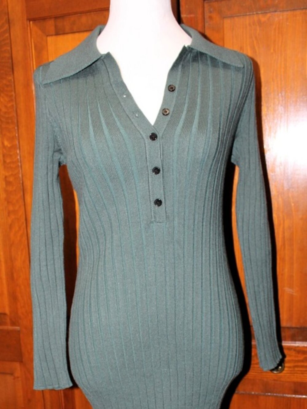 Dress, longsleeve, collar, button front, form fitting maxi